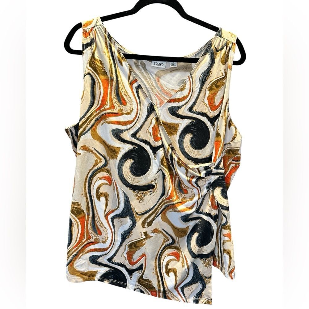 EUC Cato Women’s Gold/Black/Tan Swirl Pattern Faux Wrap Sleeveless Top Blouse XL - Picture 5 of 7